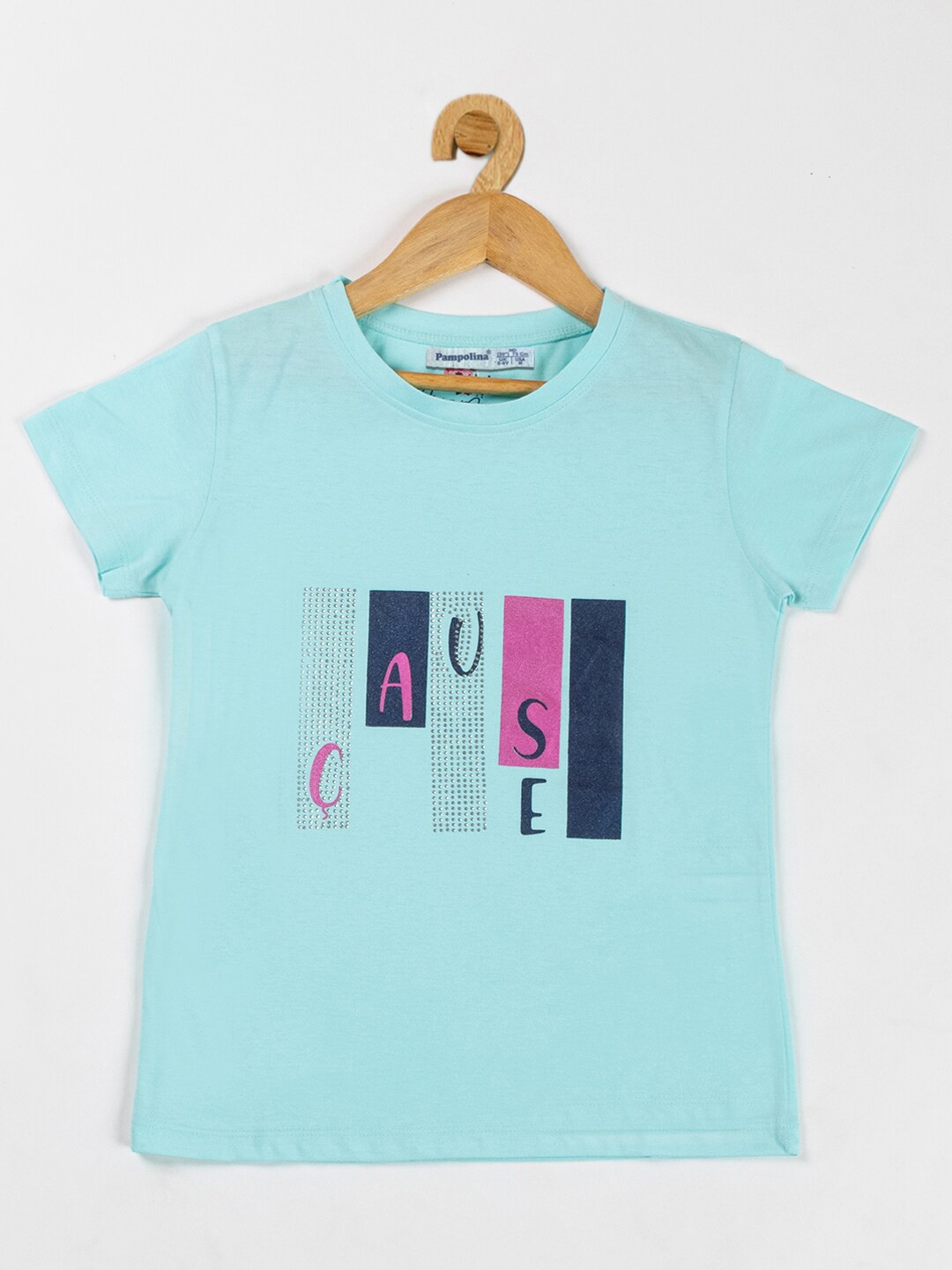

PAMPOLINA Girls Typography Printed Cotton Top, Blue