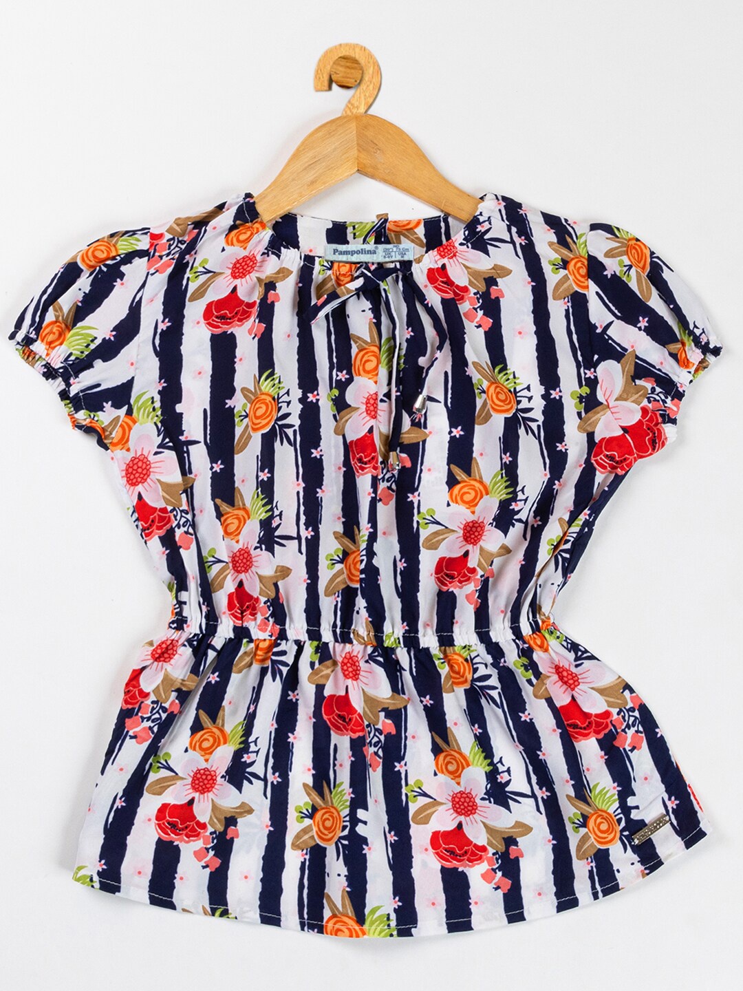 

PAMPOLINA Girls Floral Print Puff Sleeve Peplum Top, Navy blue