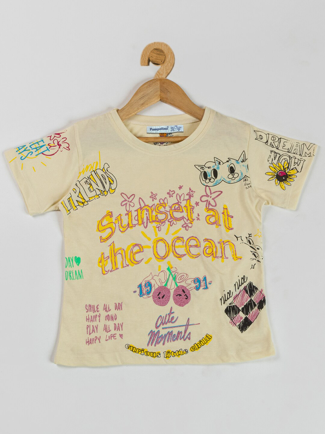

PAMPOLINA Typography Printed Cotton T-shirt, Cream