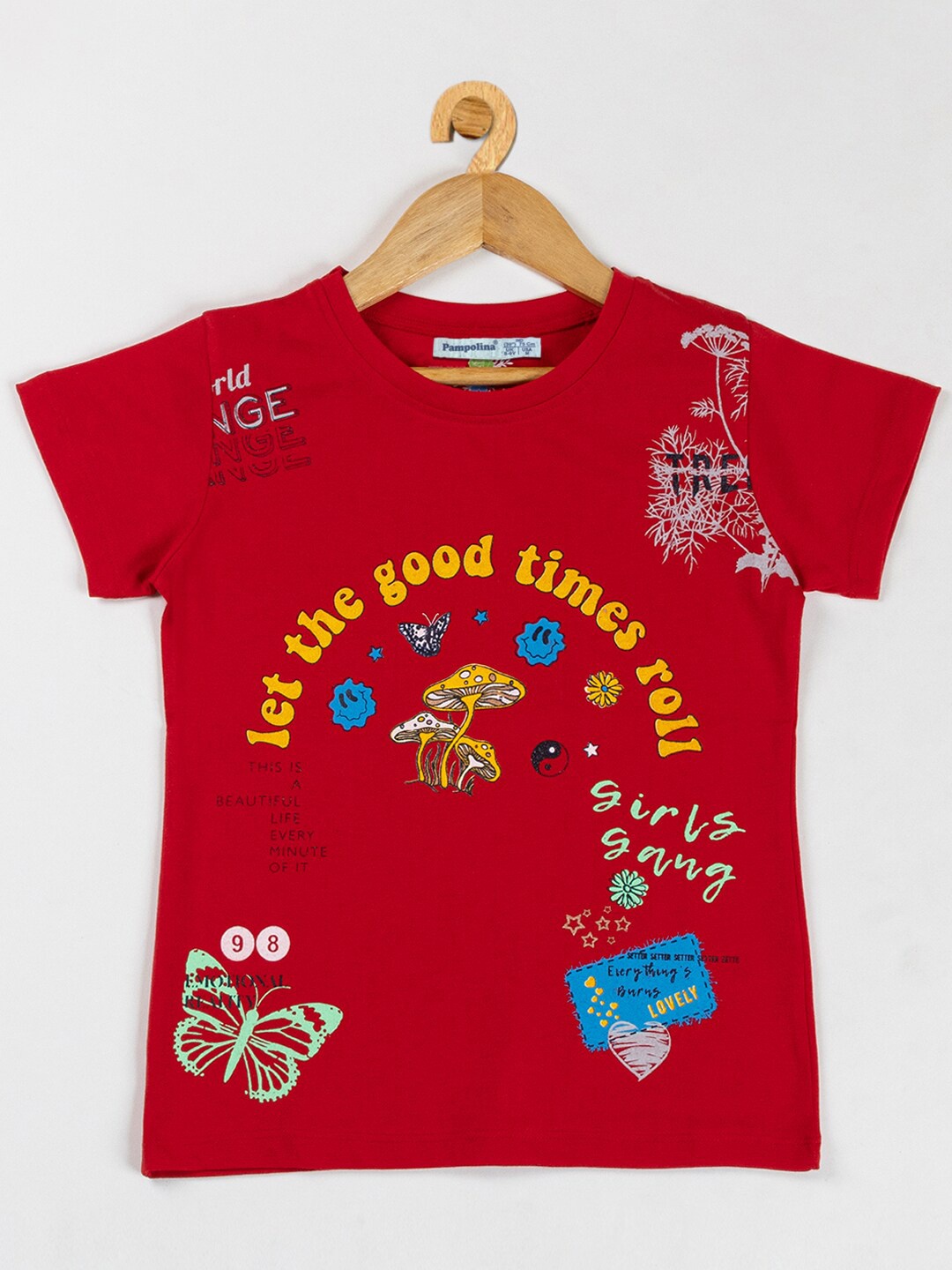 

PAMPOLINA Girls Typography Printed Cotton Top, Red