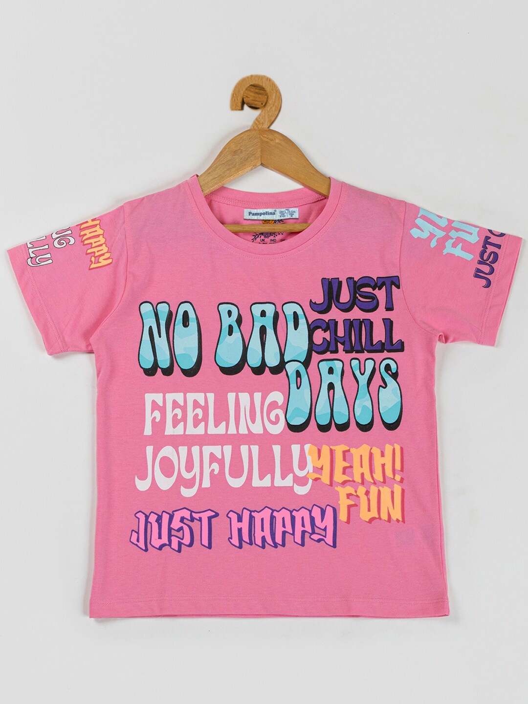 

PAMPOLINA Girls Typography Printed Round Neck Cotton Top, Pink