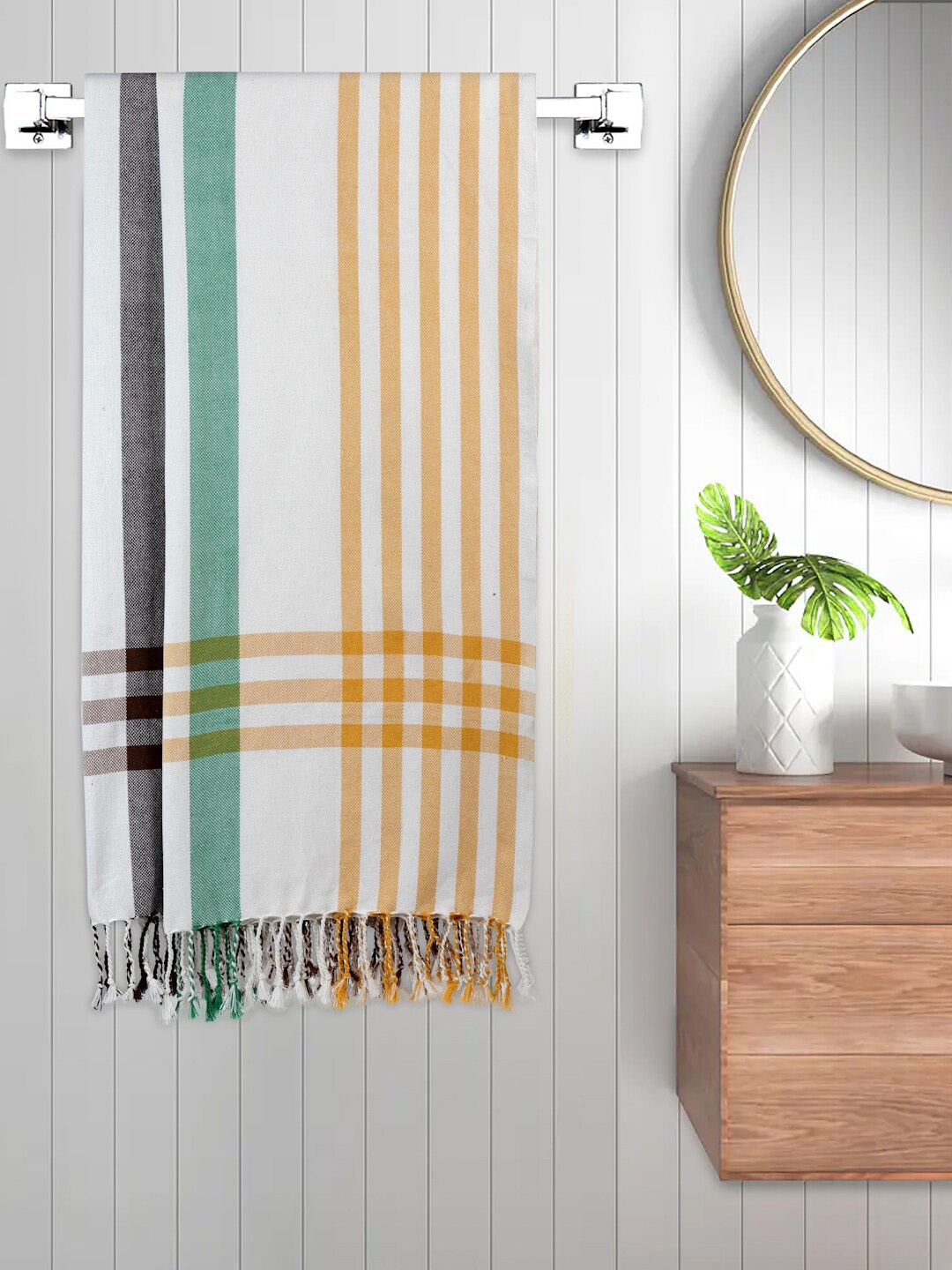 

FABINALIV White & Orange 2 Pieces Striped Cotton 225 GSM Bath Towels