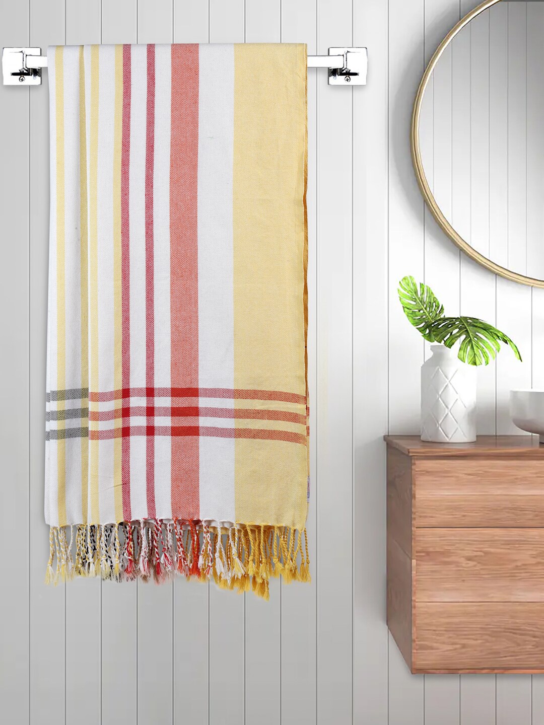 

FABINALIV White & Yellow 2 Pieces Striped Cotton 225 GSM Bath Towels