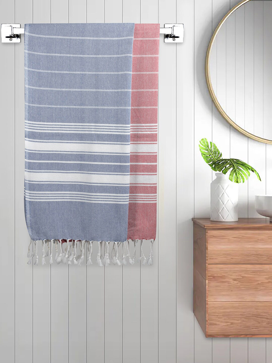 

FABINALIV White & Blue 2 Pieces Striped Cotton 225 GSM Bath Towels