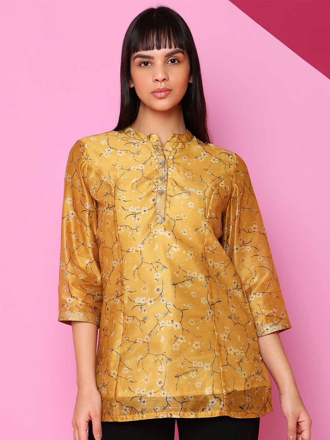 

Indifusion Floral Printed Thread Work Mandarin Collar Tunic, Mustard