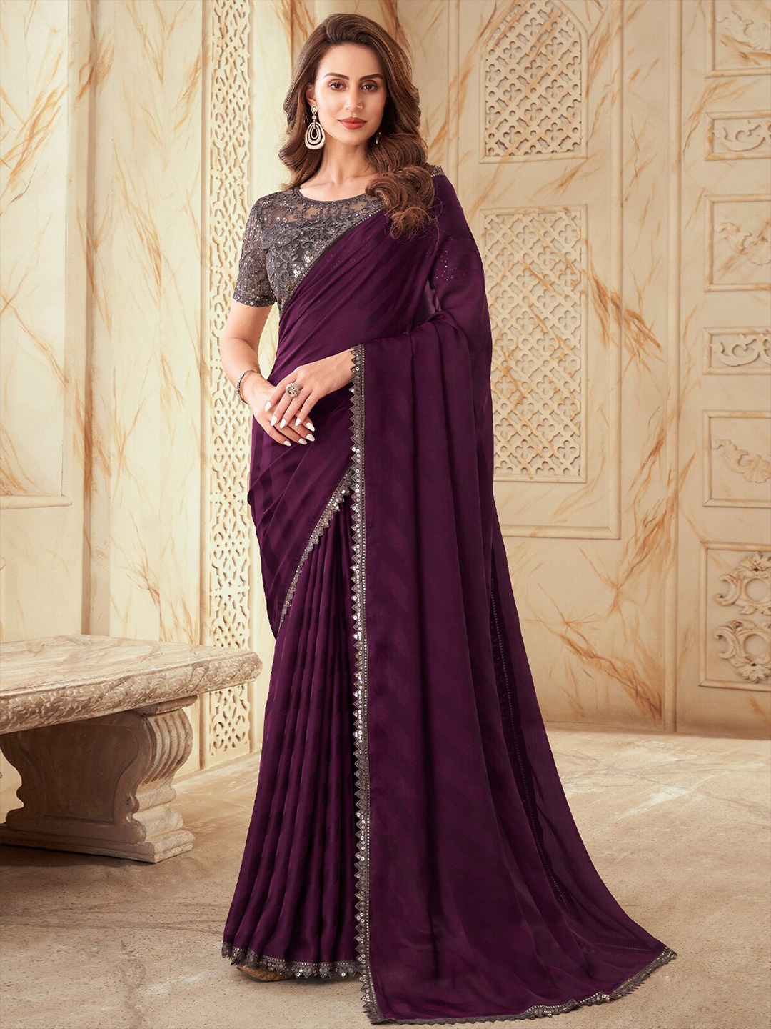 

ODETTE Embroidered Silk Blend Saree, Purple