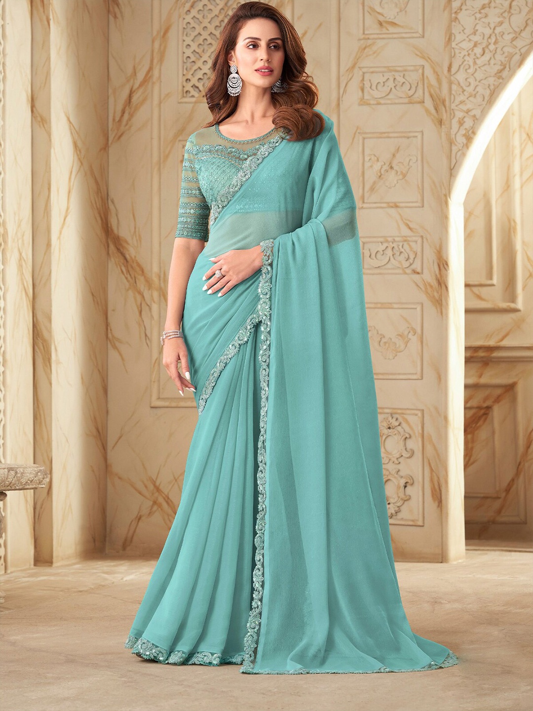 

ODETTE Embroidered Silk Blend Saree, Blue