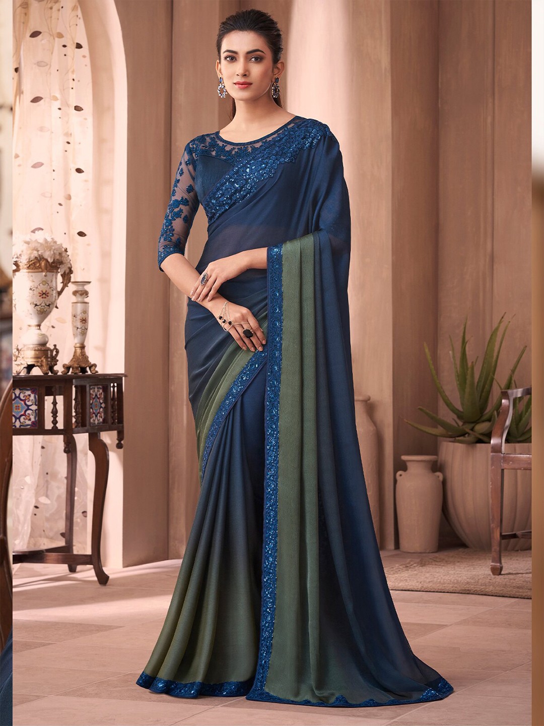 

ODETTE Embroidered Silk Blend Saree, Blue