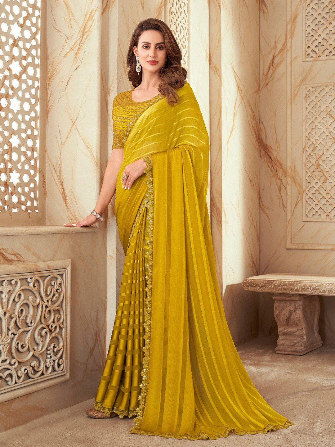 

ODETTE Embroidered Silk Blend Saree, Mustard