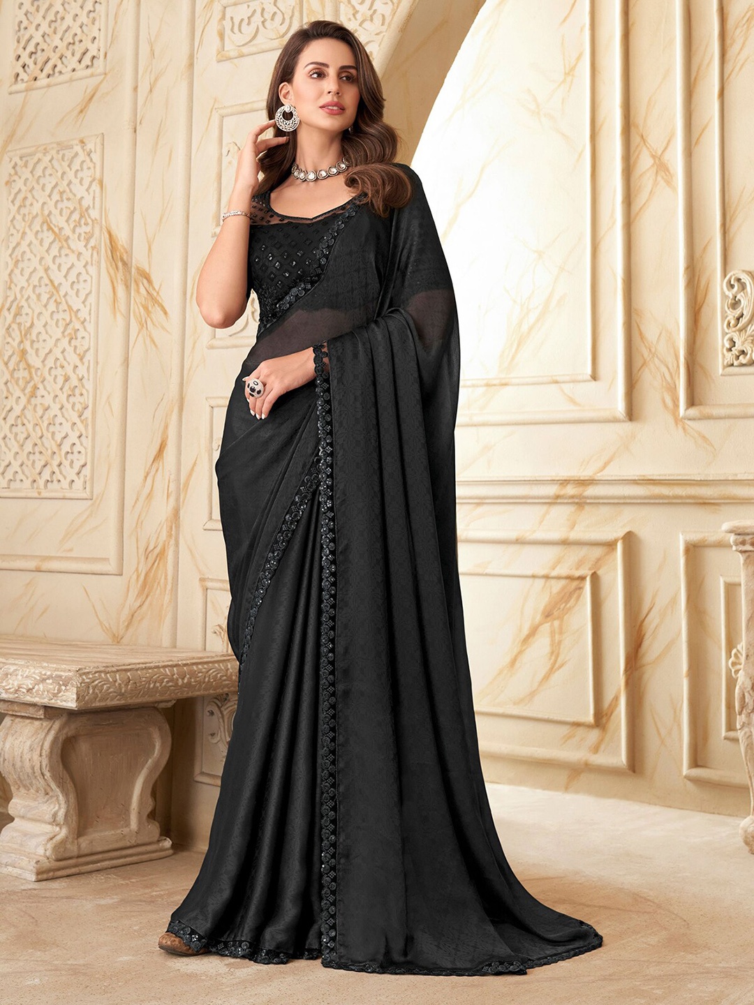 

ODETTE Ethnic Motifs Printed Sequinned Embellished Border Saree, Black