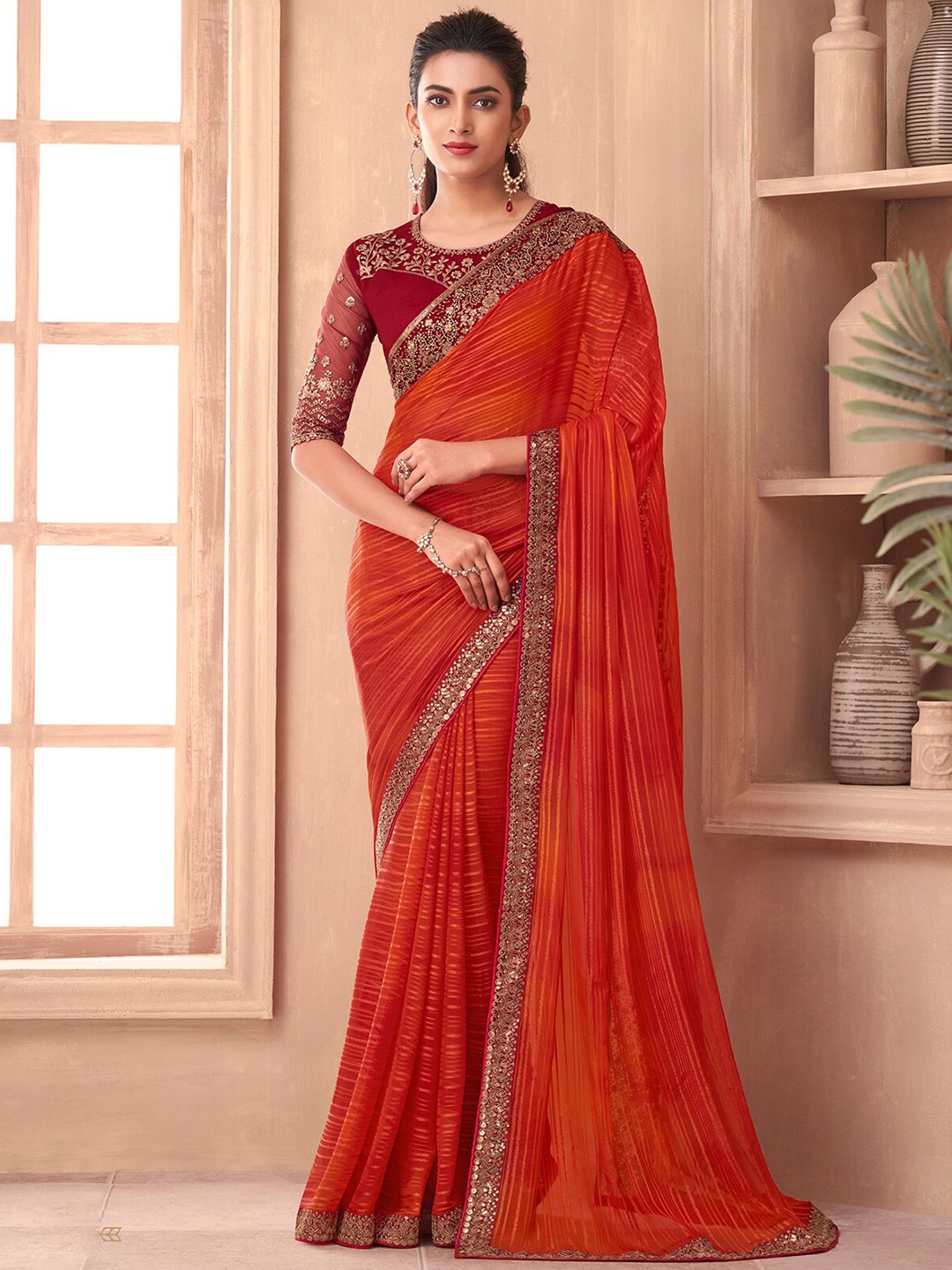 

ODETTE Striped Embroidered Bordered Silk Blend Saree, Orange