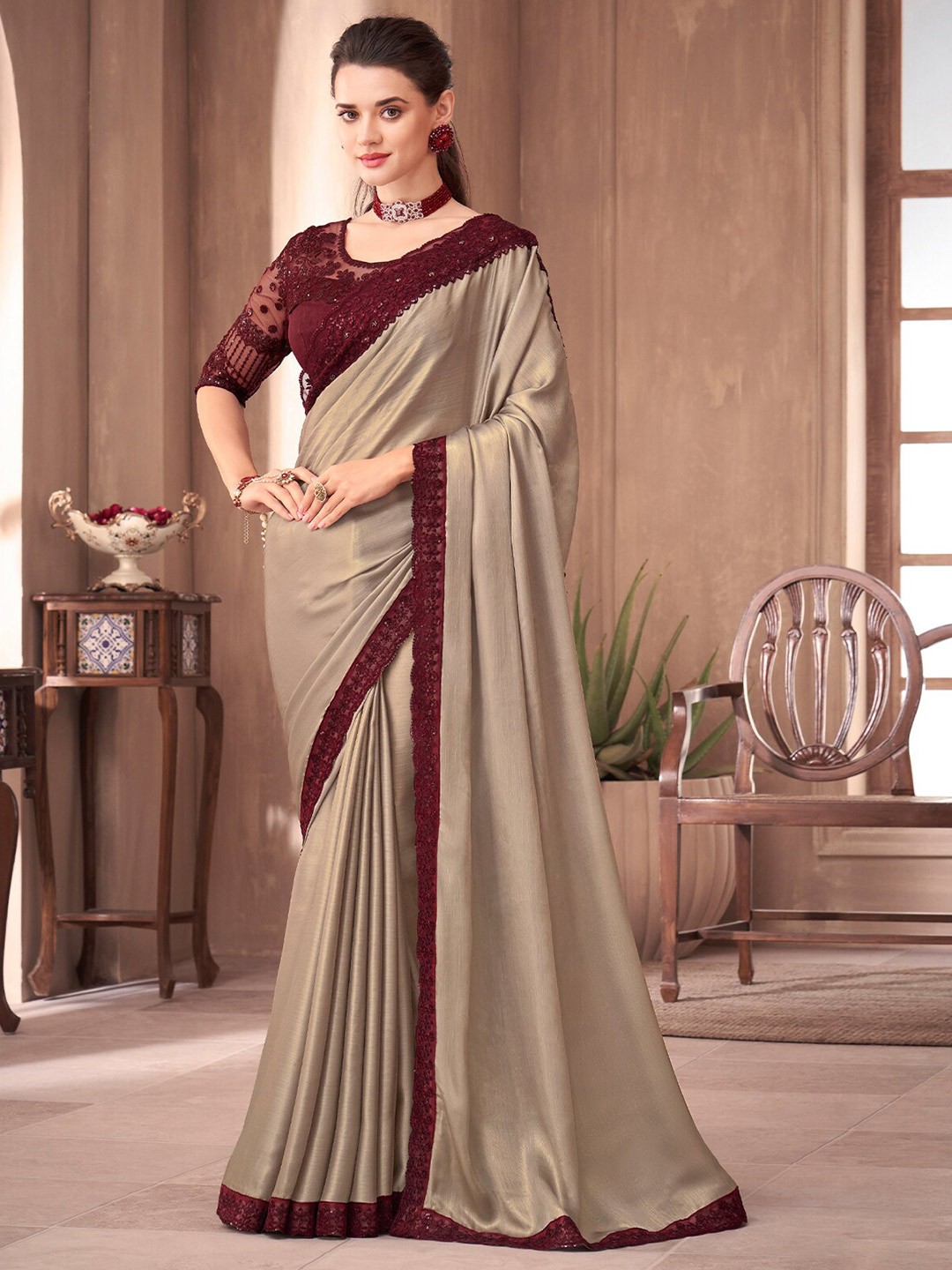 

ODETTE Embellished Bordered Saree, Beige