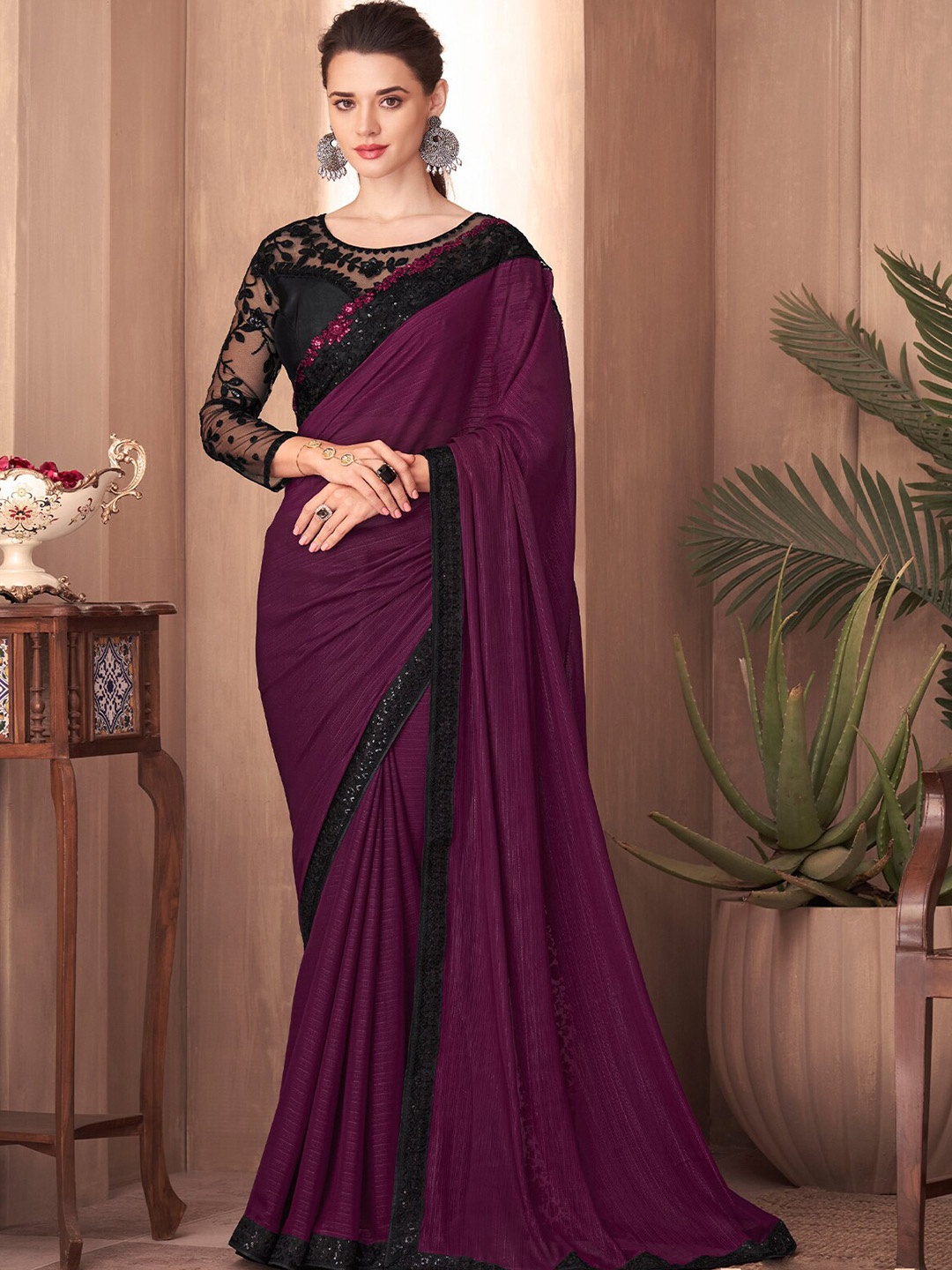 

ODETTE Sequinned Embellished Border Saree With Blouse, Purple
