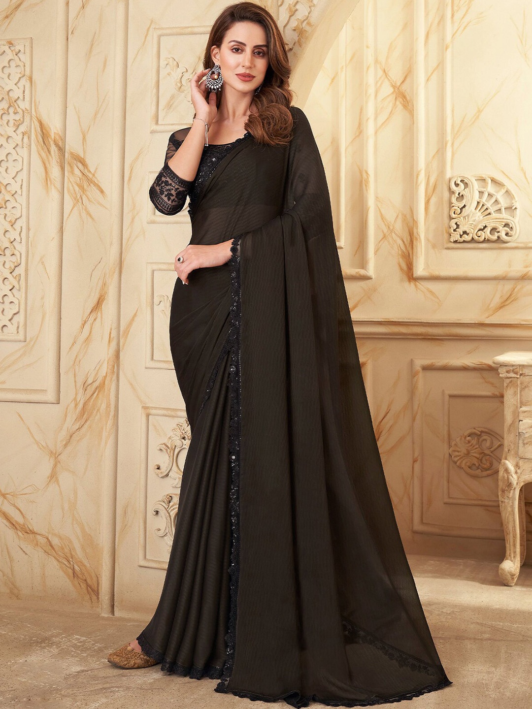 

ODETTE Striped Sequinned Border Silk Blend Saree, Black