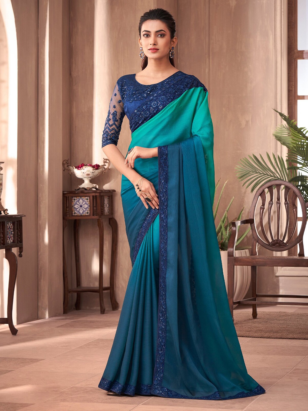 

ODETTE Ombre Dyed Embroidered Borederd Saree, Blue