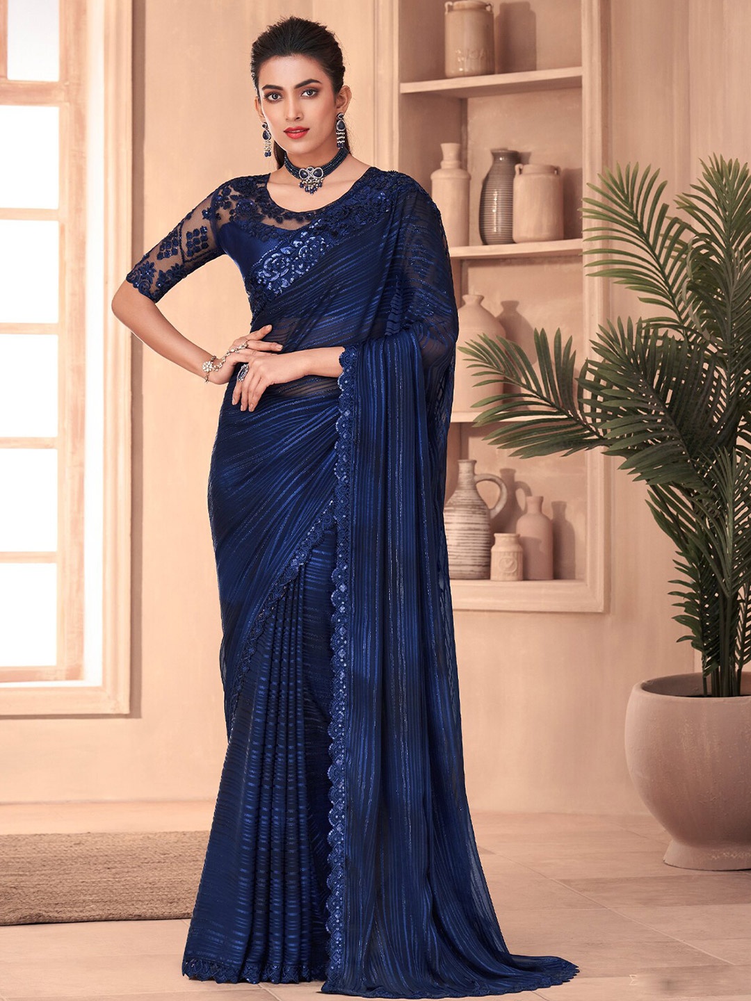 

ODETTE Striped Embroidered Silk Blend Sarees, Blue
