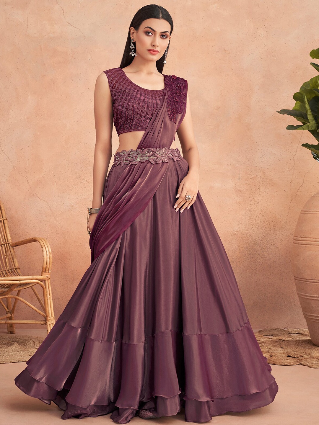 

ODETTE Satin Lehenga Saree With Blouse Piece, Maroon