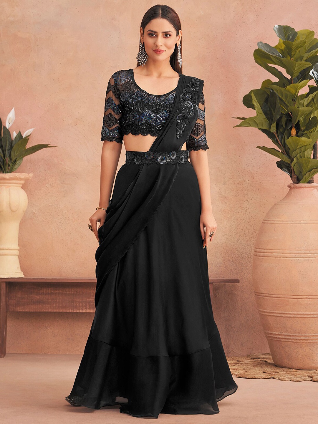 

ODETTE Floral Sequinned Embellished Satin Saree With Blouse, Black