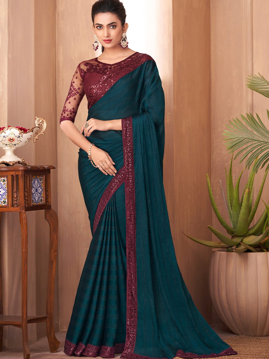 

ODETTE Sequinned Silk Blend Saree, Blue