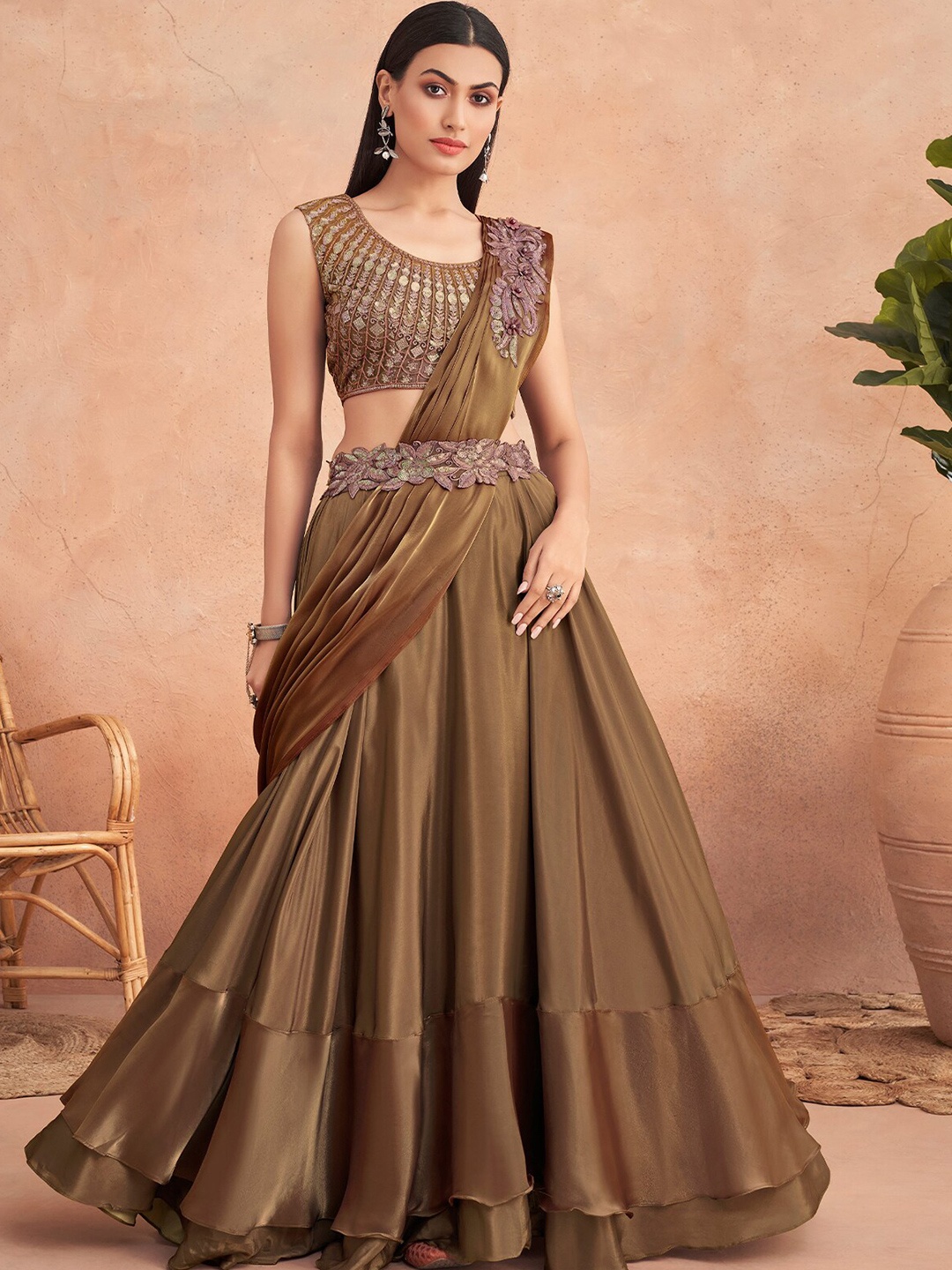 

ODETTE Satin Lehenga Saree With Blouse Piece, Brown