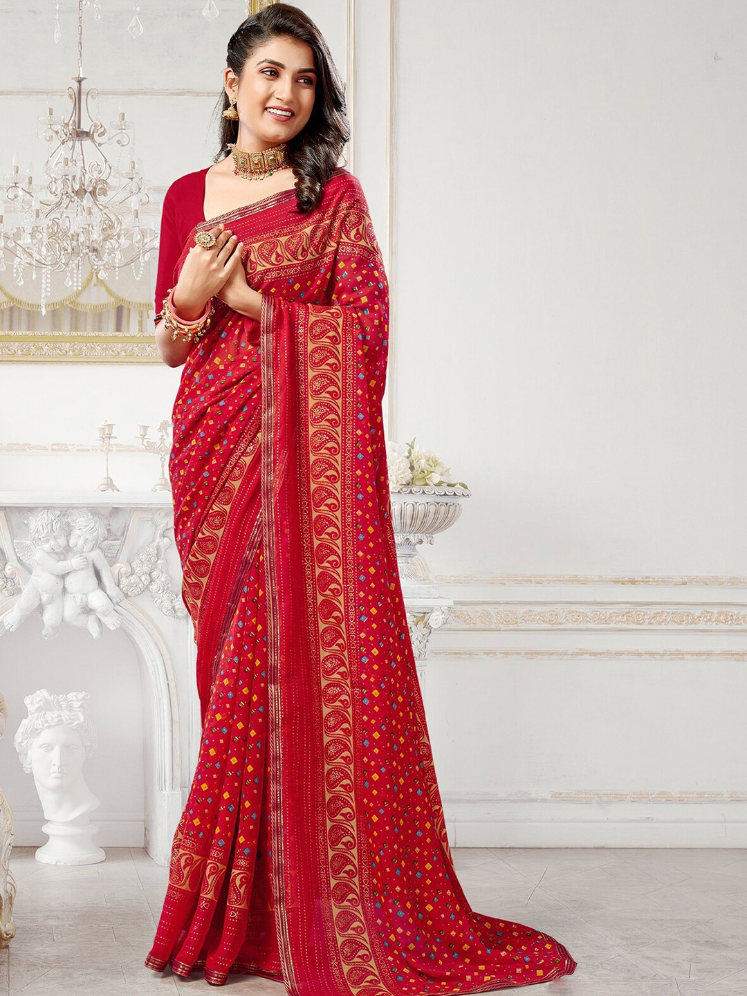 

ODETTE Geometric Printed Silk Blend Saree, Red
