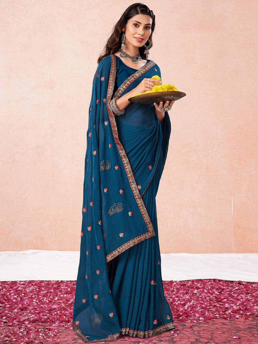 

ODETTE Floral Embroidered Saree, Teal