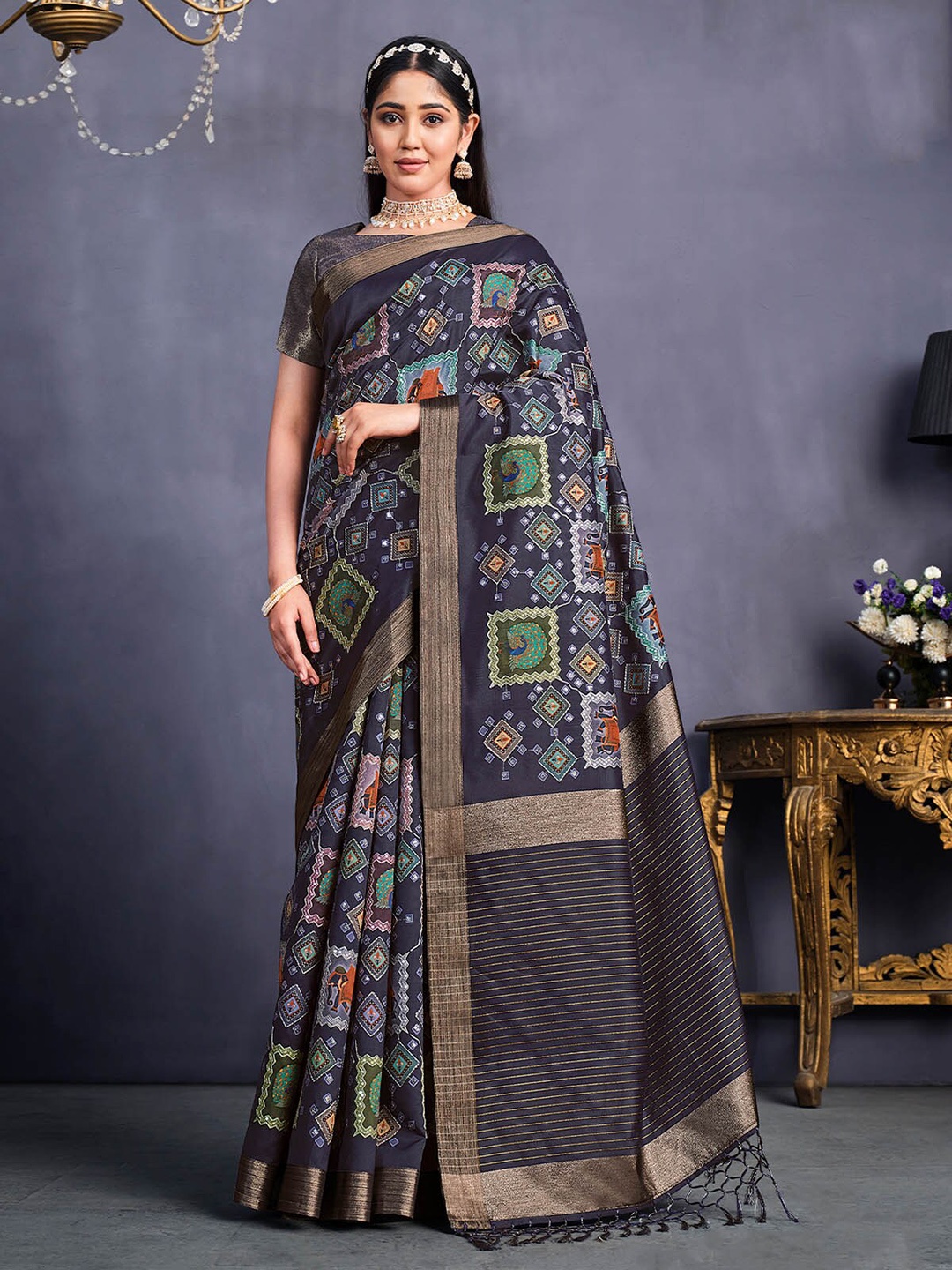 

ODETTE Ethnic Motifs Zari Silk Blend Saree, Blue