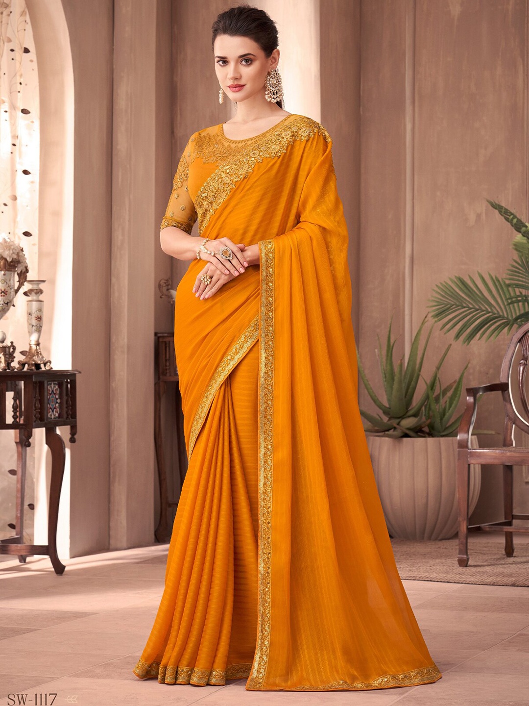 

ODETTE Striped Sequinned Silk Blend Saree, Mustard