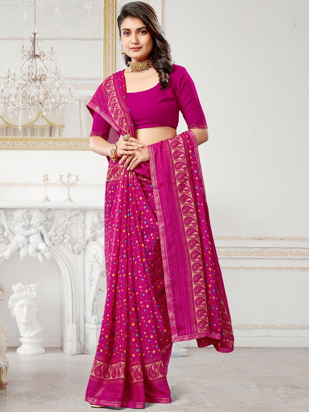 

ODETTE Geometric Printed Silk Blend Saree, Pink