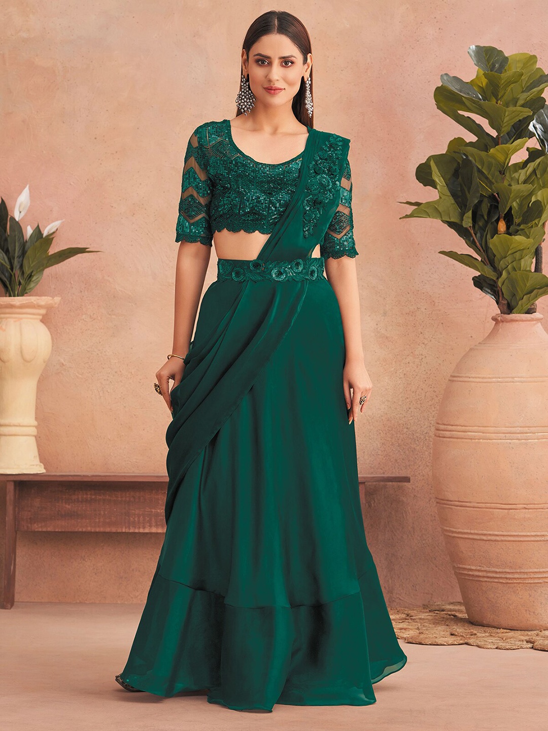 

ODETTE Satin Lehenga Saree, Green