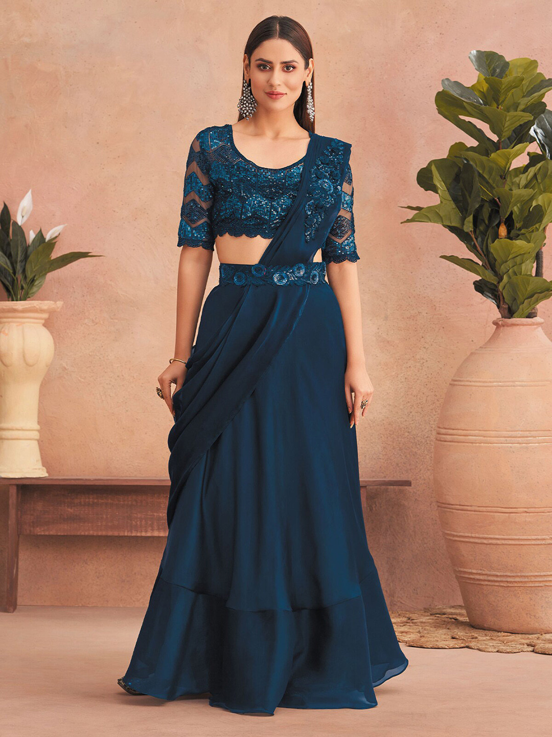 

ODETTE Satin Lehenga Saree With Belted, Blue