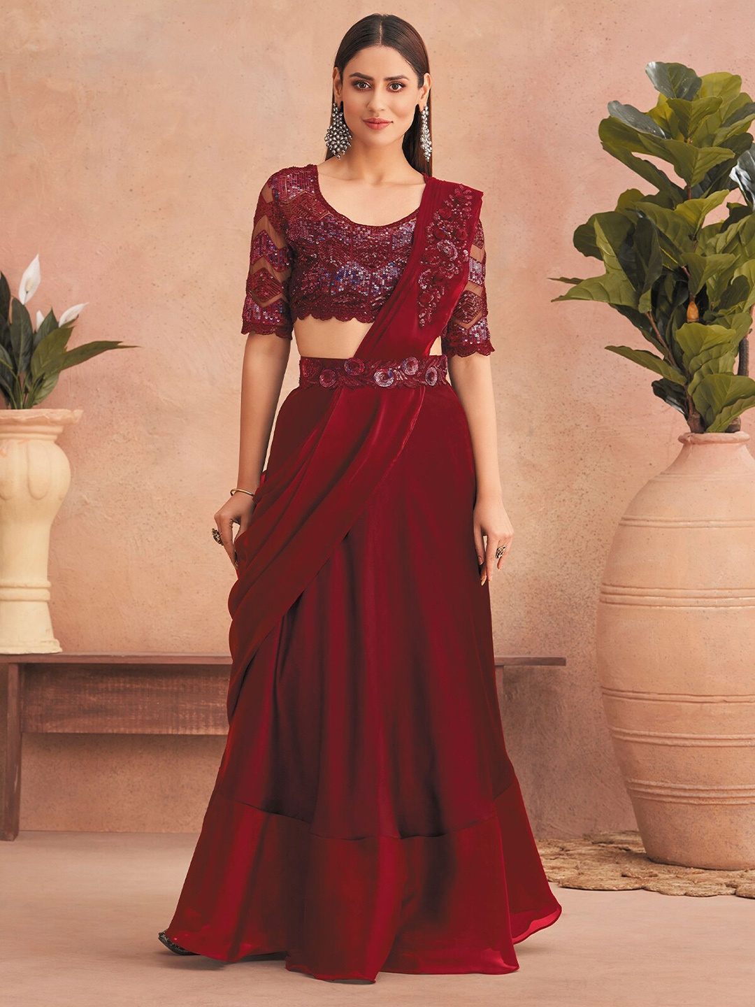 

ODETTE Satin Lehenga Saree With Belted, Maroon
