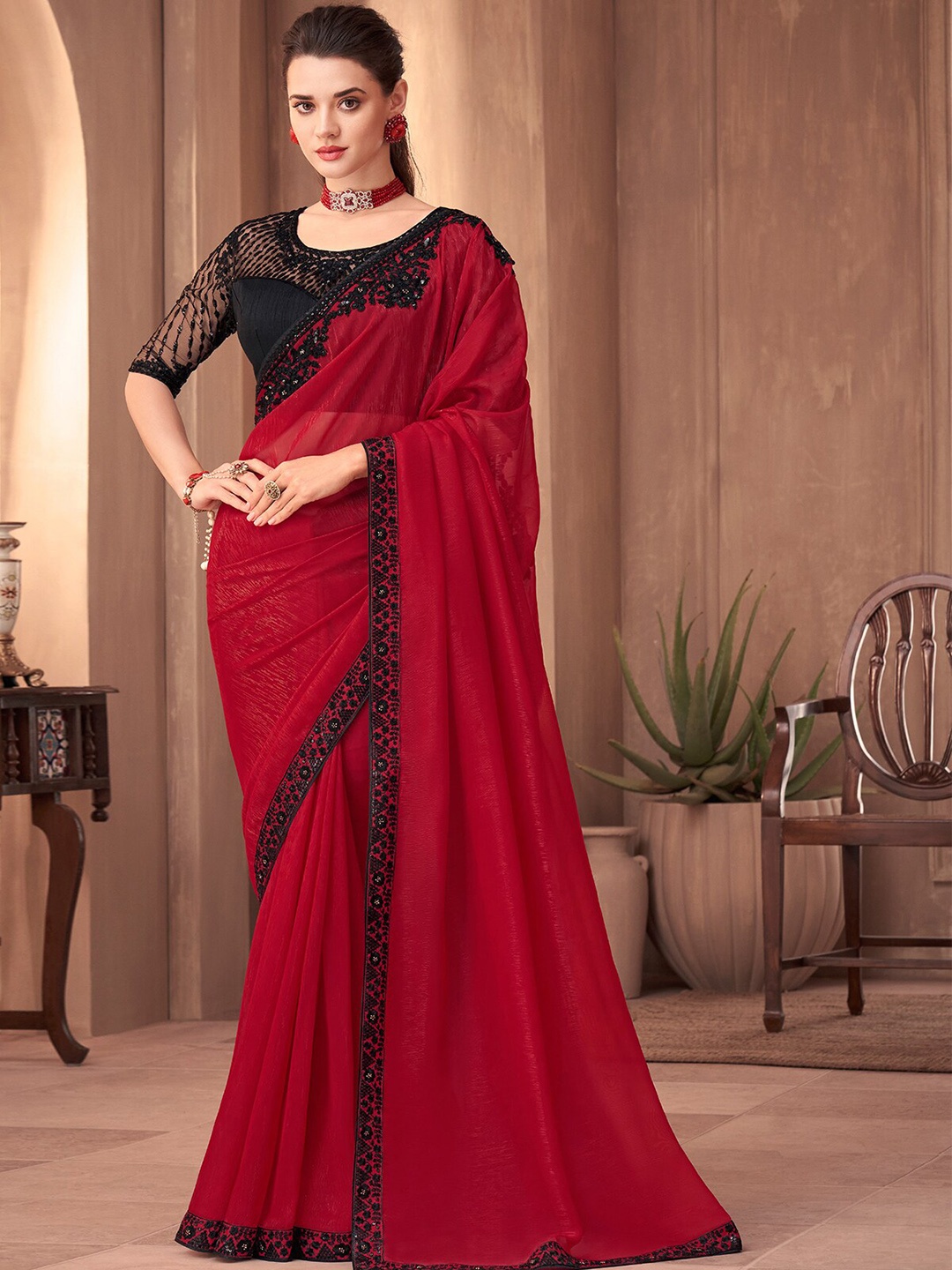 

ODETTE Sequinned Embellished Border Saree With Blouse, Red