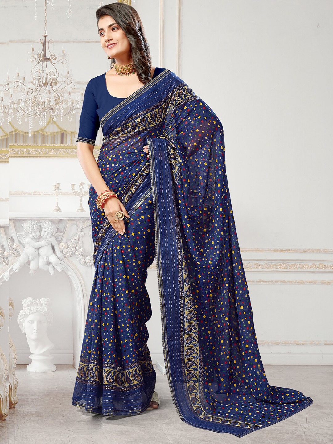 

ODETTE Geometric Printed Silk Blend Saree, Blue