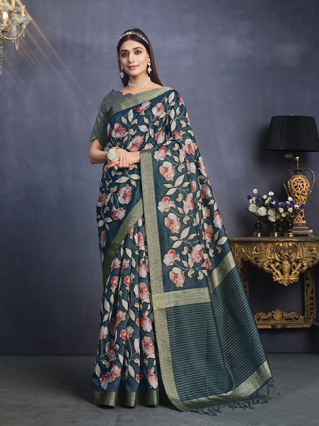 

ODETTE Floral Printed Sequin Saree, Teal