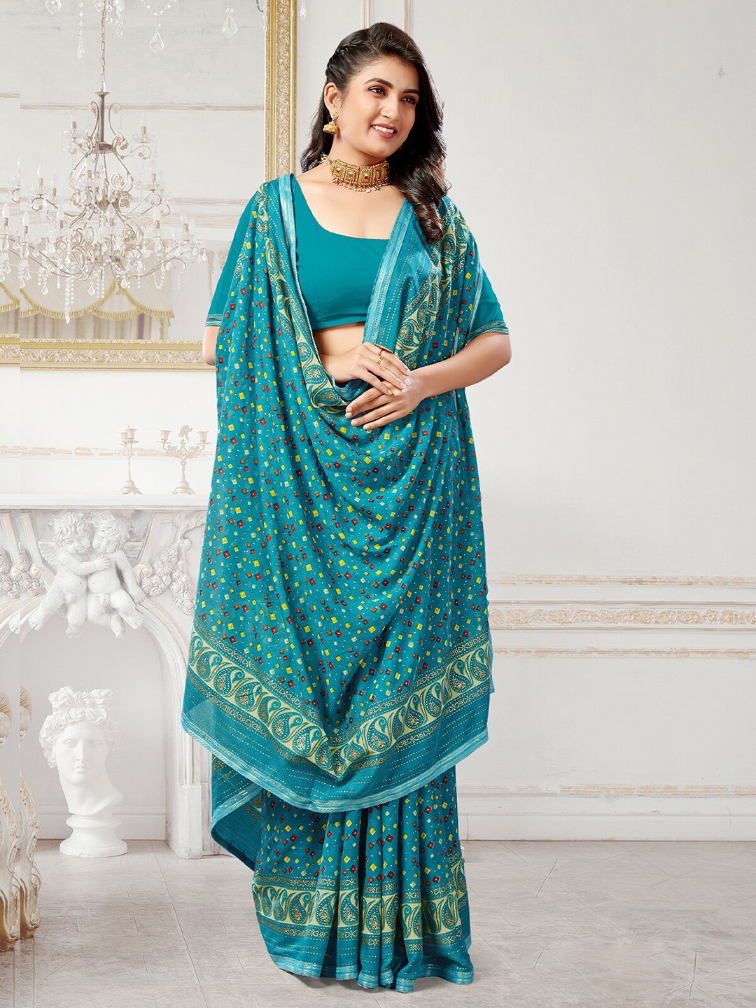 

ODETTE Geometric Printed Silk Blend Saree, Green