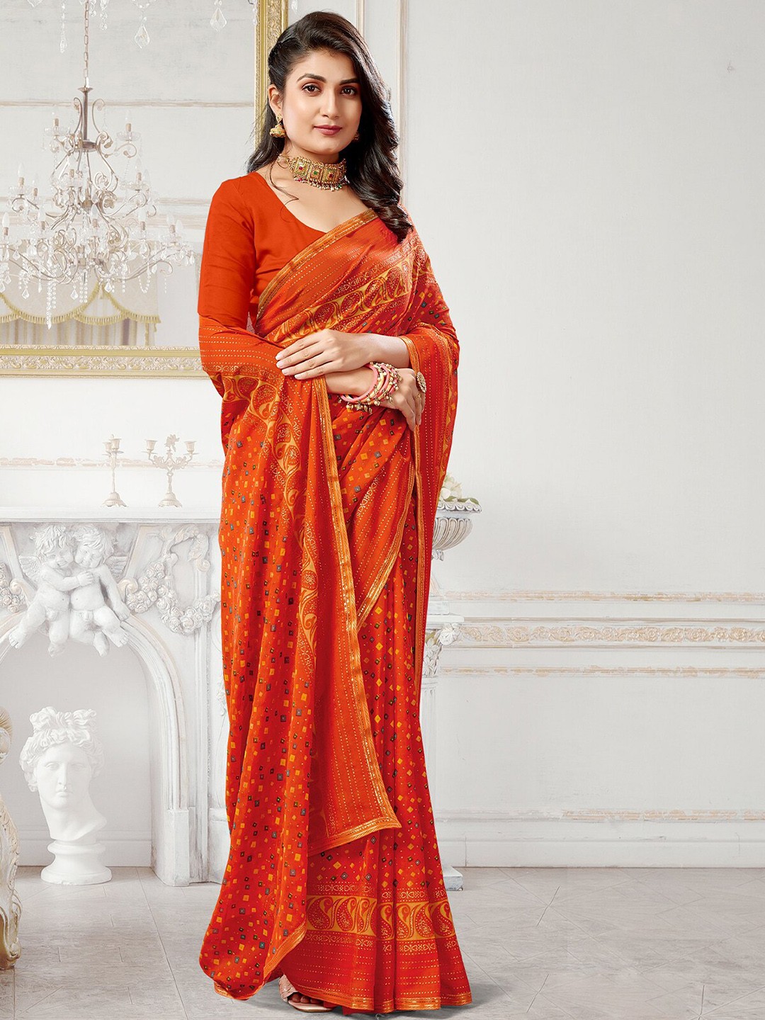 

ODETTE Geometric Printed Saree, Orange