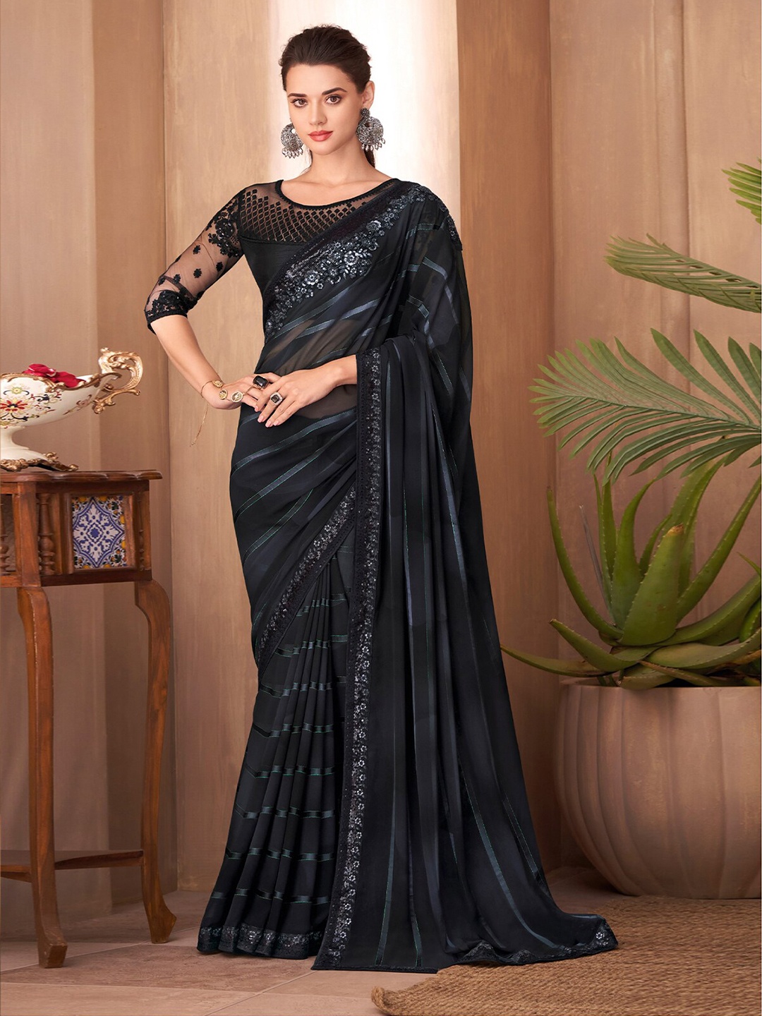 

ODETTE Striped Sequinned Poly Georgette Saree, Black