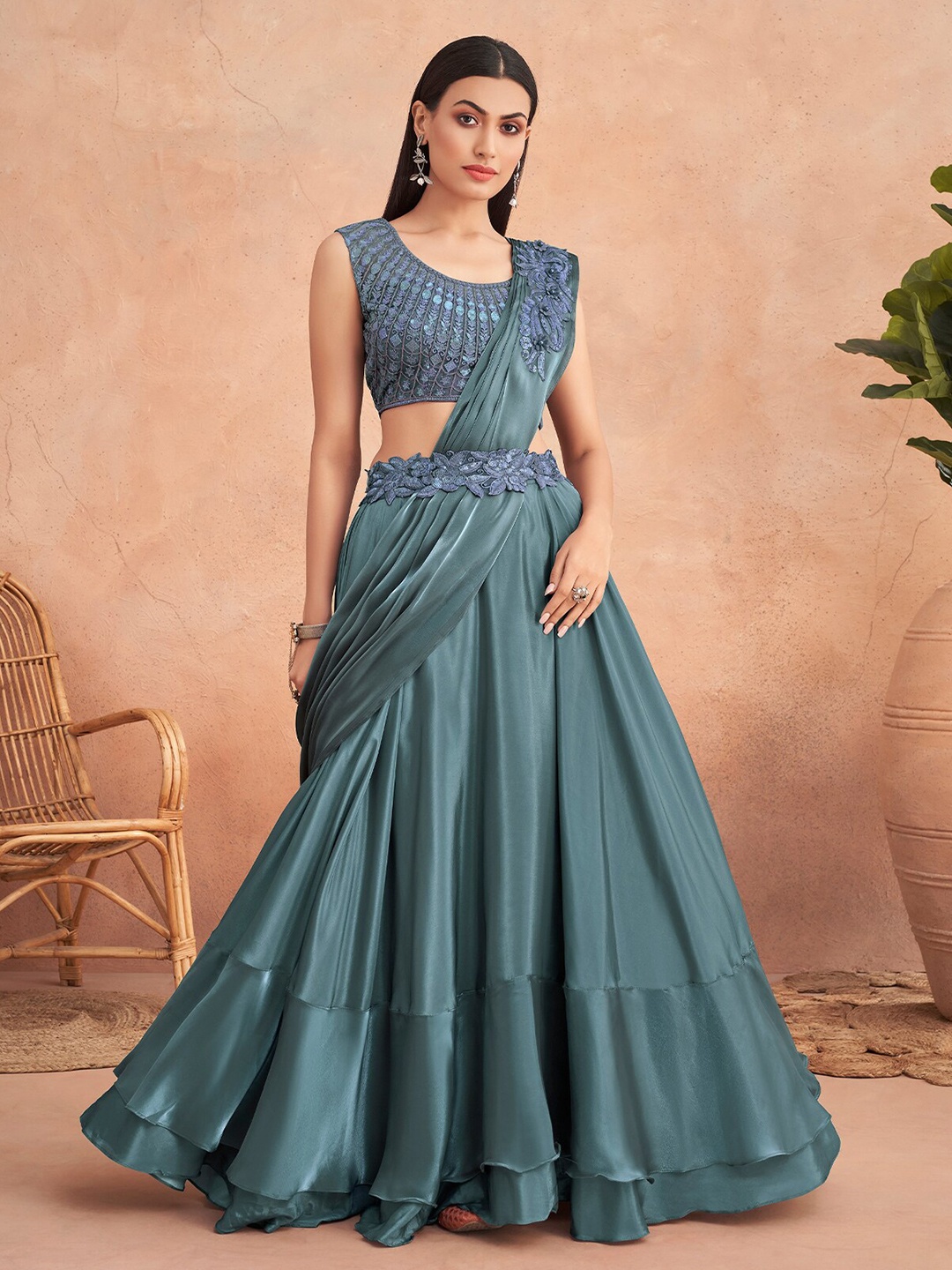 

ODETTE Satin Lehenga Saree, Green