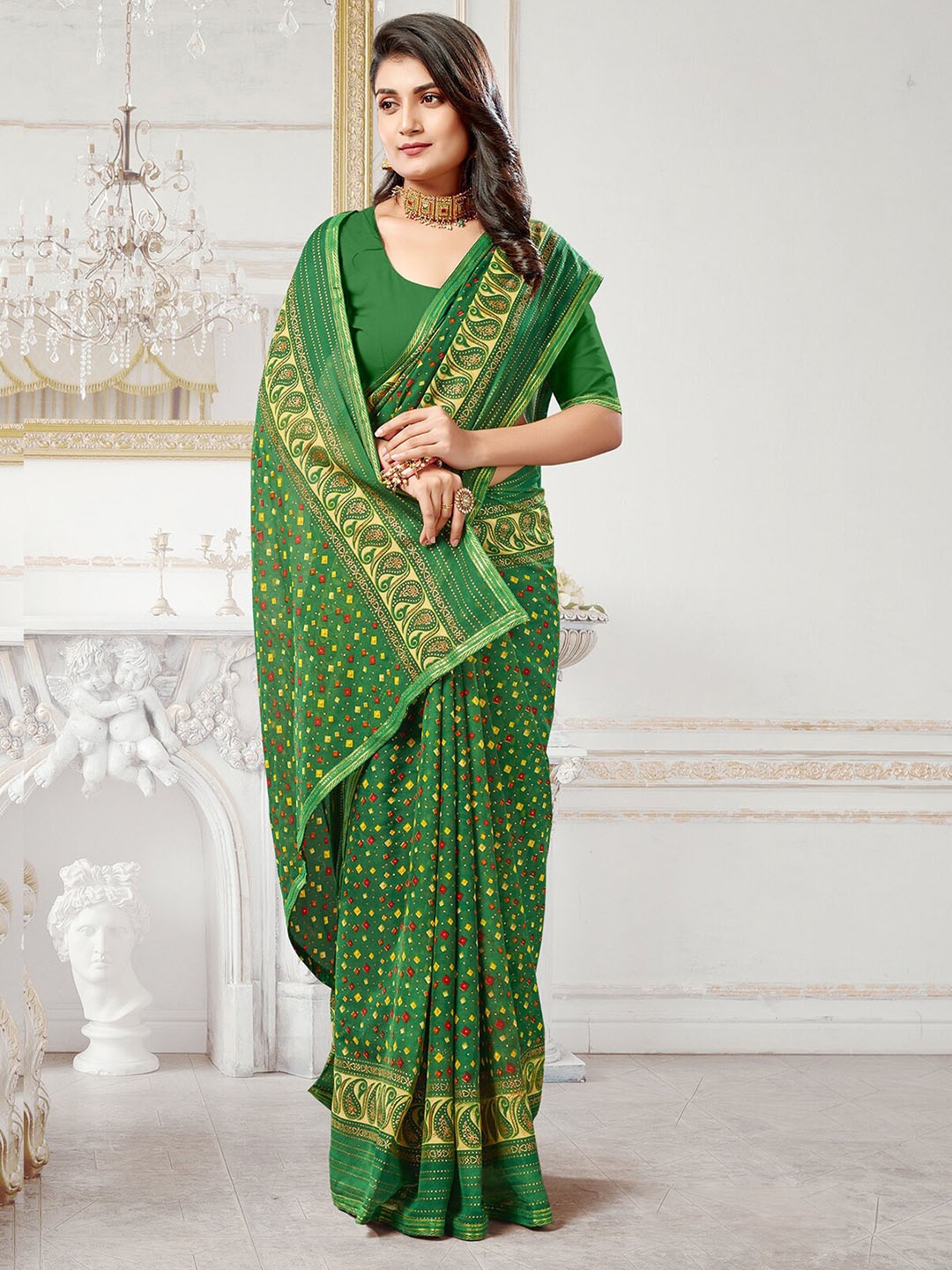 

ODETTE Geometric Printed Saree, Green