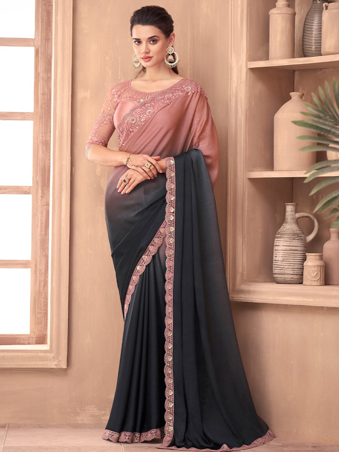 

ODETTE Ombre Dyed Embroidered Border Saree, Grey