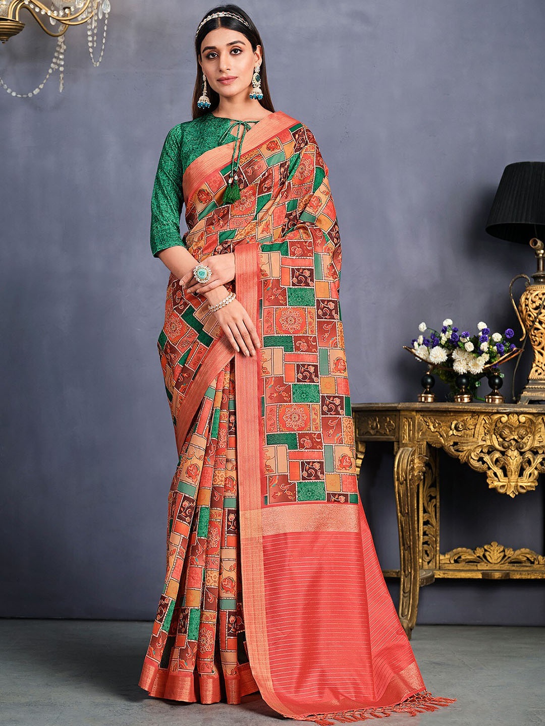

ODETTE Floral Printed Zari Saree, Orange