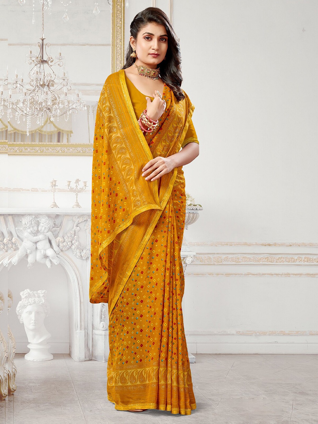 

ODETTE Ethnic Motif Printed Saree, Mustard