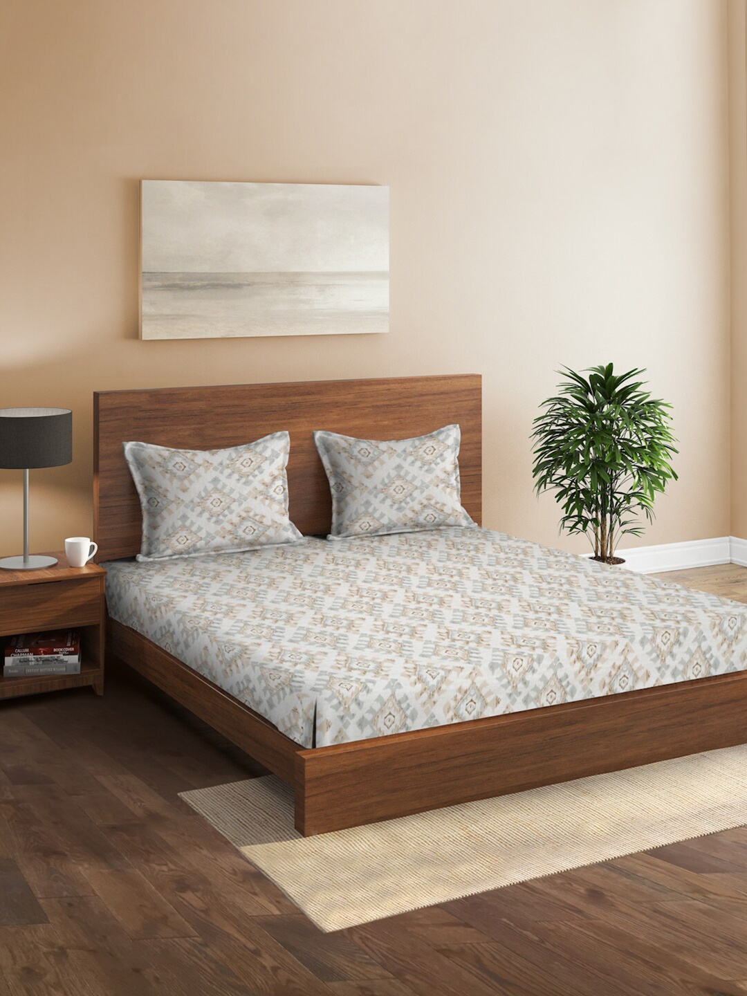 

Sangria Cream-Coloured & Grey Printed 160 TC Queen Bedsheet & 2 Pillow Covers