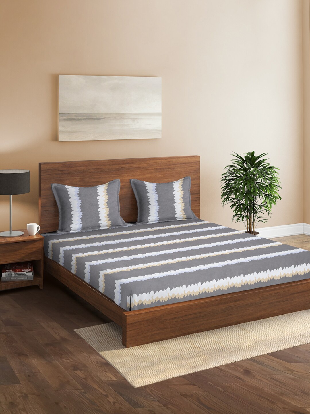 

Sangria Grey & Beige Printed 160 TC Queen Bedsheet & 2 Pillow Covers