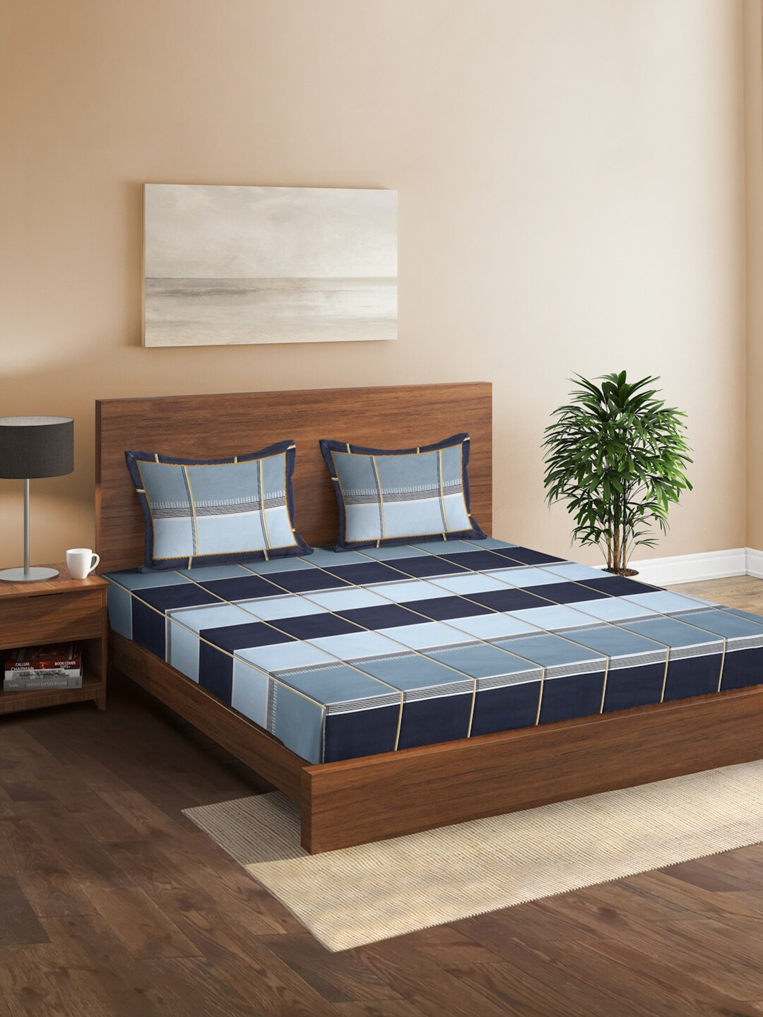 

Sangria Blue Printed 160 TC Queen Bedsheet & 2 Pillow Covers