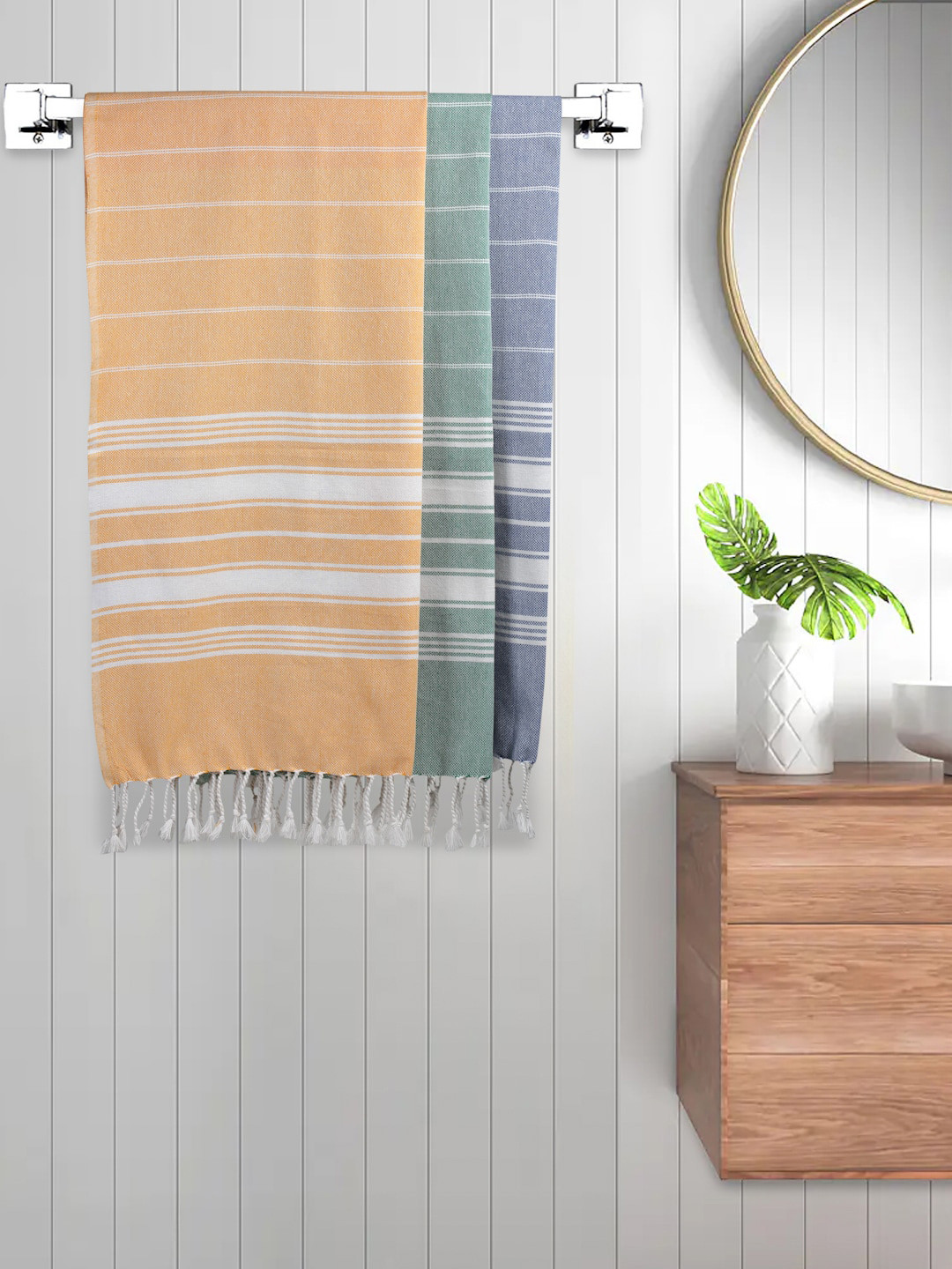 

FABINALIV 3Pcs Peach-Colored & Green Striped Cotton Bath Towels