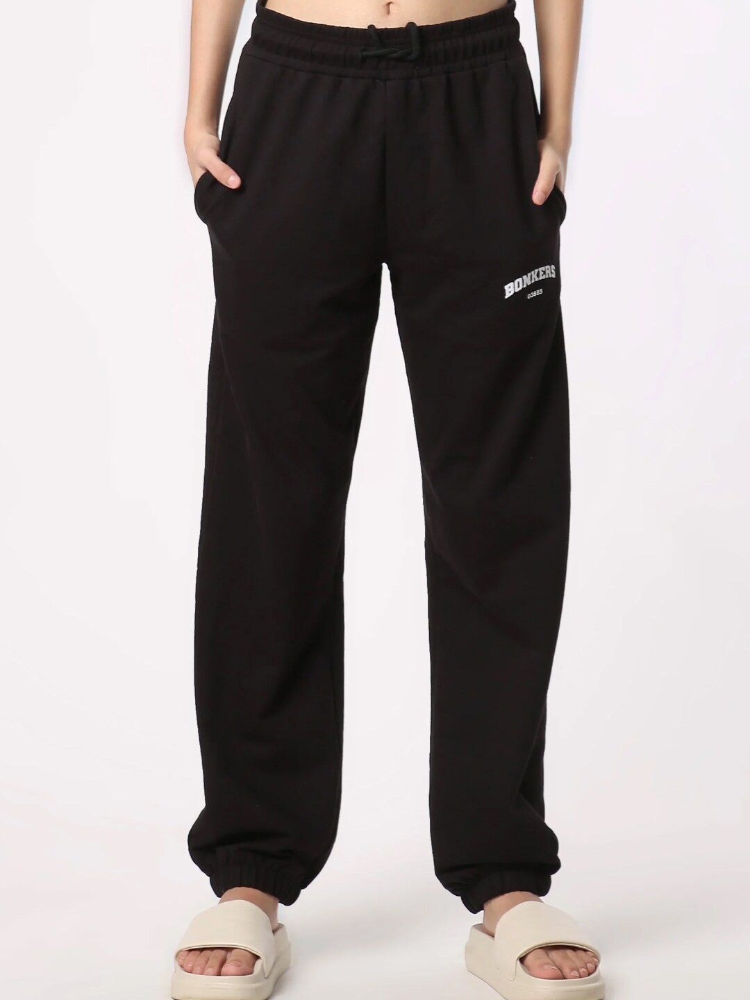 

Bonkers Corner Women Black Logo Printed Mid-Rise Joggers