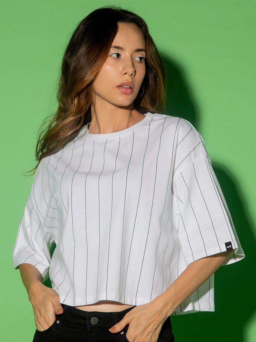 

Bewakoof Striped Cotton Drop-Shoulder Sleeves Oversized T-shirt, White