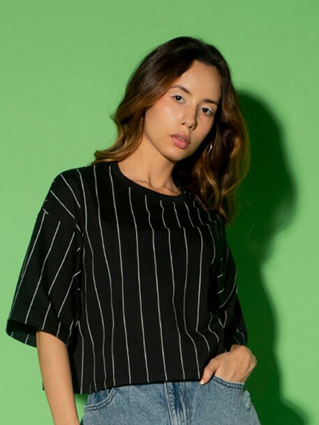 

Bewakoof Striped Cotton Oversized T-shirt, Black
